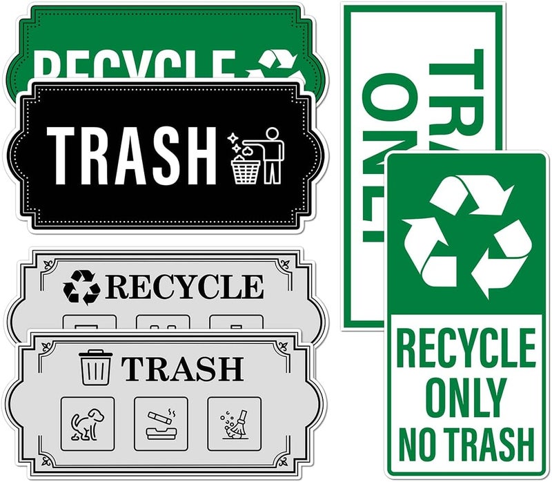 RABOWA Pack 6 Pcs Recycle and Trash Sticker for Trash Cans Garbage Bins Recycling Bin Labels Waste Signs Indoor Outdoor Home Offices Bumper Stickers Reusable Waterproof Vinyl Decals Set - Image 1